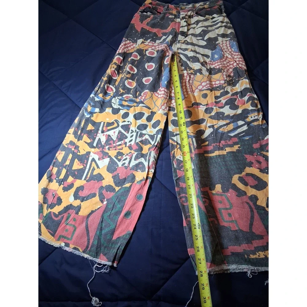 Vintage Graffiti Pop Art Print Wide Leg Jeans Multi Color High Rise Raw Hem M - Picture 4 of 8